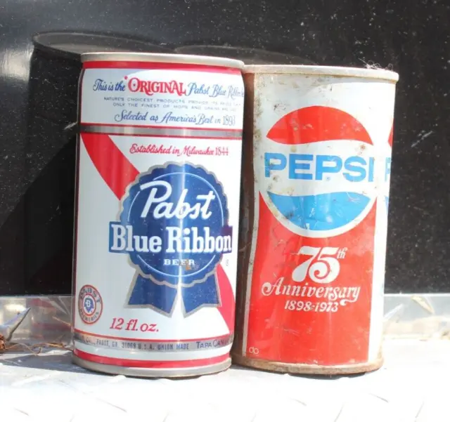 2 x Old Soda Pop Beer Cans Tear Tab Empty - Pepsi-Cola / Pabst Blue Ribbon