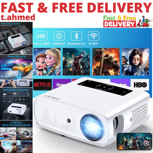 GROVIEW Projector, 15000Lux 490ANSI Native 1080P Wifi Bluetooth Projector, 300''