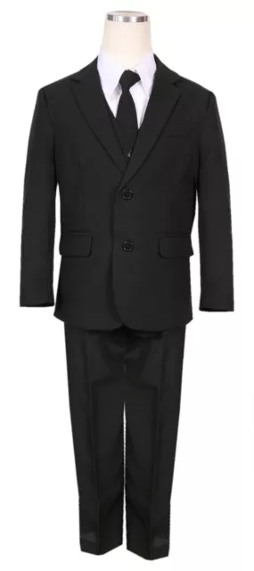 Boys Classic fit suit black formal wedding complete 5pc set long tie vest pant