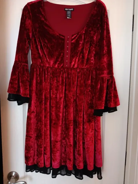 Hot Topic Medium Crushed Velvet Red Babydoll Dress Corset Bodice Bell Sleeves