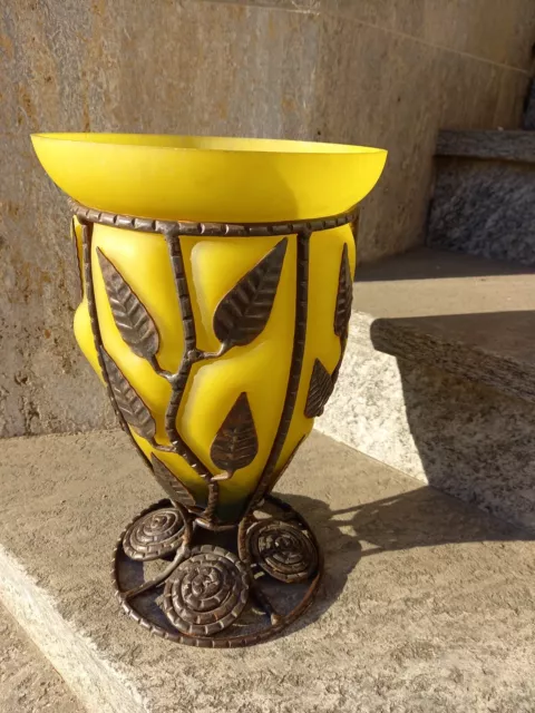 Art Deco Vase Cappa/Daum Stil Schmiedeisen/Gelb Glas Lorrian Frankreich um 1920 3