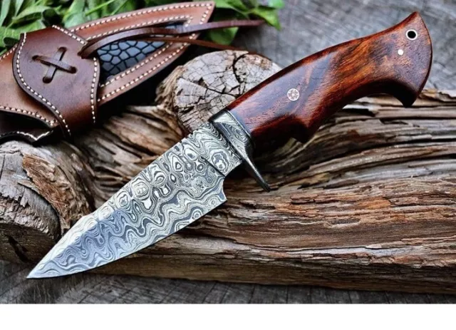 10.5" Custom Handmade Damascus Steel Bushcraft Hunting Knife Wood Handle Sheath