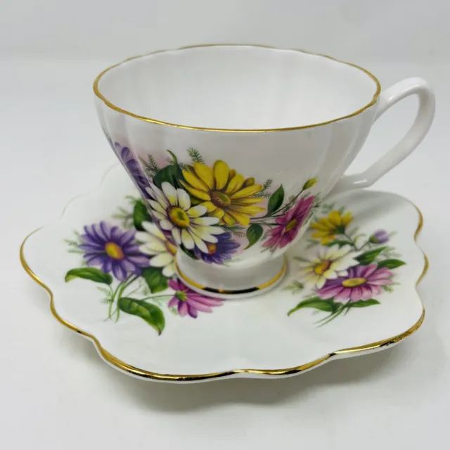 Royal Imperial Tea Cup Saucer Daisies w/Gold Trim Bone China Purple Yellow White