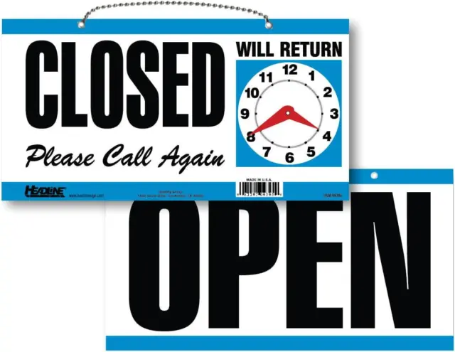 Double Sided Open Closed Will Return Sign With Clock Hands 6 x 11.5 Inch Blue