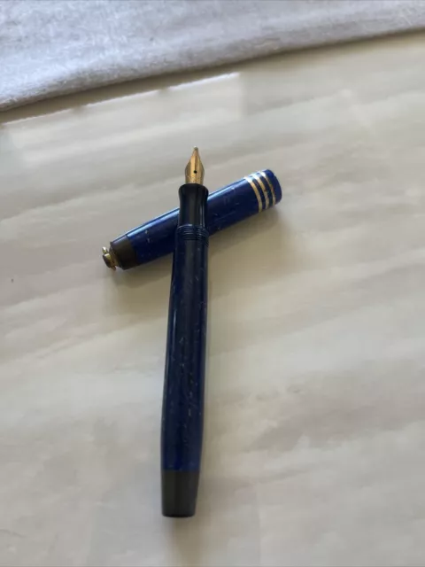 Vintage Parker Duofold Blue Streamline Ring Top Fountain Pen 14k Gold M Nib