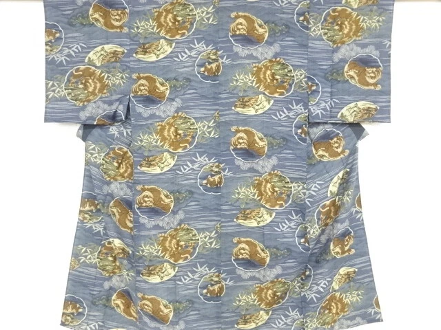 09115# Japanese Kimono / Antique Hitoe Mens Juban / Tiger With Bamboo