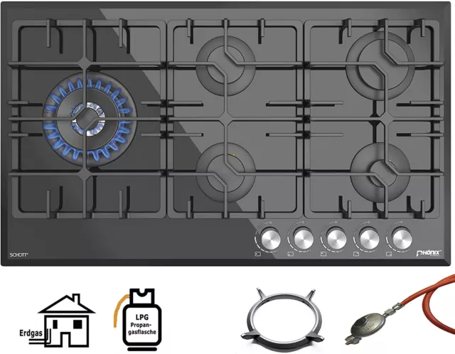 Phönix PG-905L Gaskochfeld Einbau Kochfeld Glas Gaskocher 5 Kochplatten autark