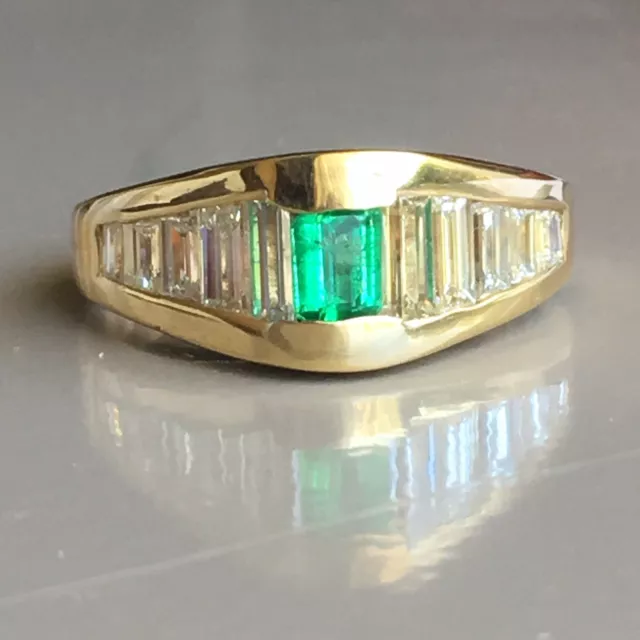 14K Yellow Gold Natural Earth Mined Emerald Baguette Diamond Lady's Band Ring