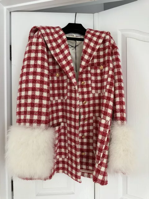 Gucci Red Tweed Feather Coat Jacket Size 40 New $4700