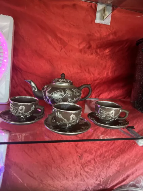 Old Chinese YIXING Clay Teapot Set w/ Partial Pewter Covering of Dragons & Bats