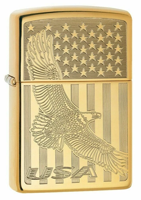 Zippo 0046,   "USA Flag & Flying Eagle" Lighter, High Polish Brass Finish