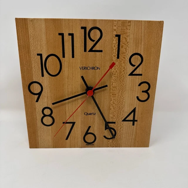 VERICHRON QUARTZ WALL Clock Vintage MCM 8.25” Square Butcher Block Made