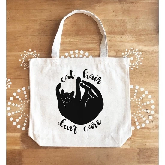 New Black Cat Kitten Cat Hair Don't Care Large Jumbo Canvas Tote Bag USA Made