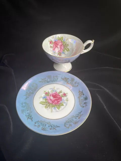 LM Royal Halsey Very Fine Iridescent Purple Tea Cup& Saucer Floral Rose