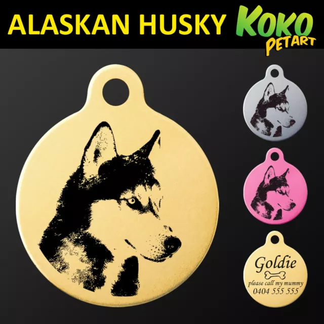 Alaskan Husky Sled Dog Round Pet Puppy ID Tag Personalised Engraved Aluminium