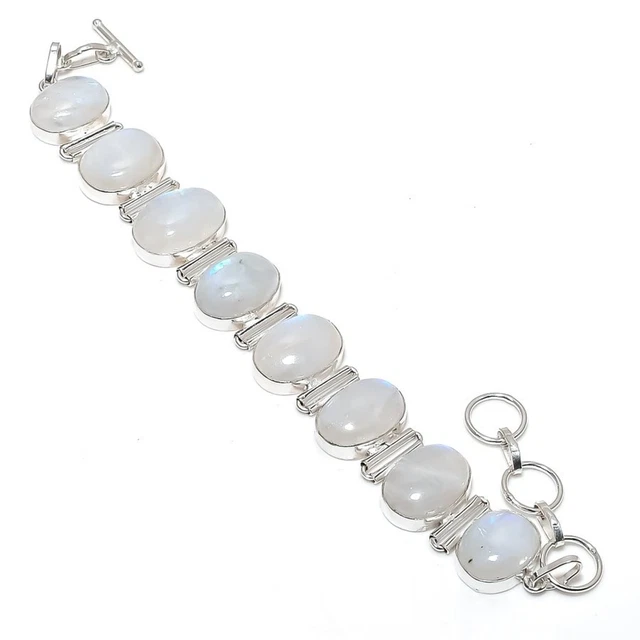Bracelet Réglable Argent 925 Pierre De Lune Arc-en-ciel Fait Main Inde - Neuf
