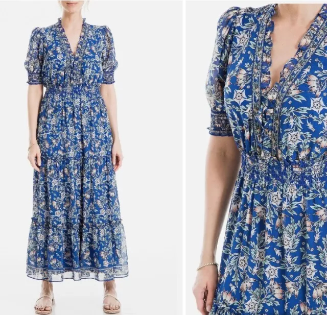 Max Studio Short Sleeve Tiered Smocked Maxi Dress Blue Floral Women's Large