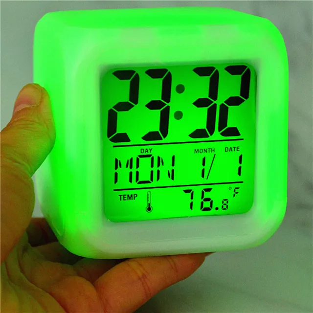 Travel Alarm Clock Color Changing Cube LED Digital Desk Glowing Light Up