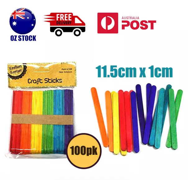 100 x Coloured Wooden Craft Sticks Craft Paddle Pop Wood DIY Stick 11.5cm x 1cm