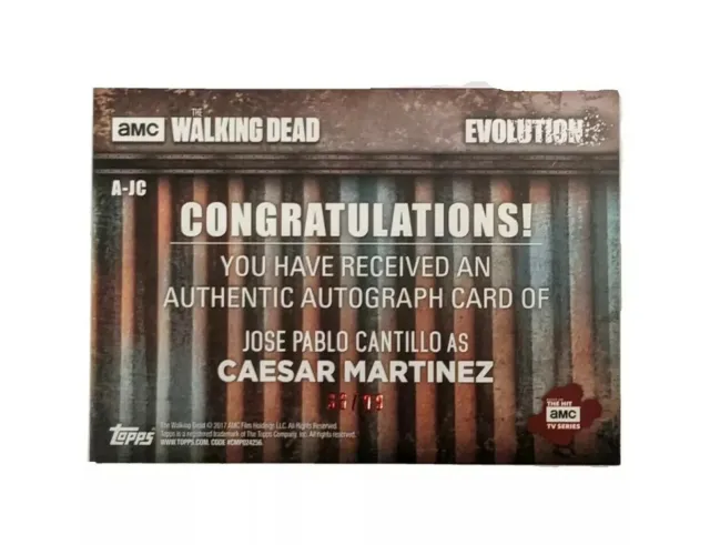 Carte autographe Topps Walking Dead Evolution Jose Cantillo - Martinez /99 A-JC 2