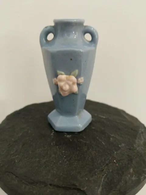 Vintage Miniature Blue Ceramic Urn Vase Applied Flowers Made in Occupied Japan