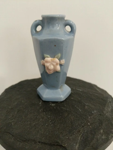 Vintage Miniature Blue Ceramic Urn Vase Applied Flowers Made in Occupied Japan