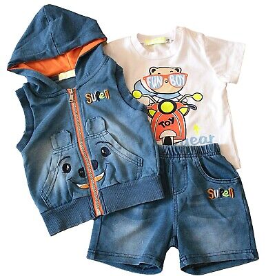 Completo Smanicato Jeans Felpa + Short E T-Shirt Neonato Baby Tg.12/36 Mesi