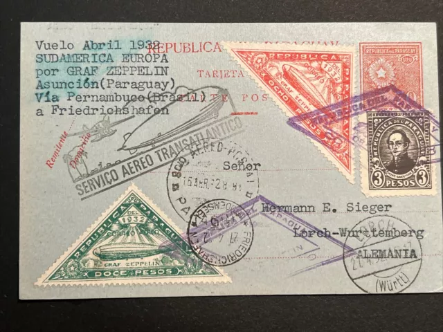 1932 Graf Zeppelin post Card  Ft LZ 127 Paraguay To Germany, Registered