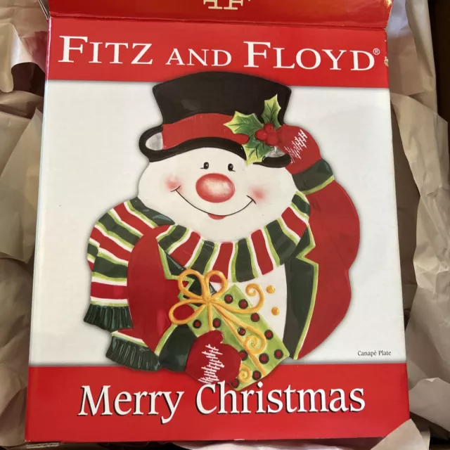 Fitz & Floyd Merry Christmas Snowman, Canape, Snack Plate 2006 New in Box