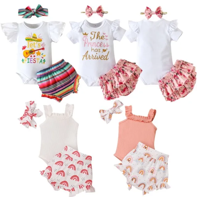 Newborn Baby Girl Three-Piece Outfit Baby Shower Gift Romper Shorts Headband Set