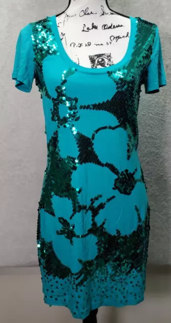 Trina Turk T Shirt Dress Women Medium Blue Sone Sequin Flippy Viscose Round Neck