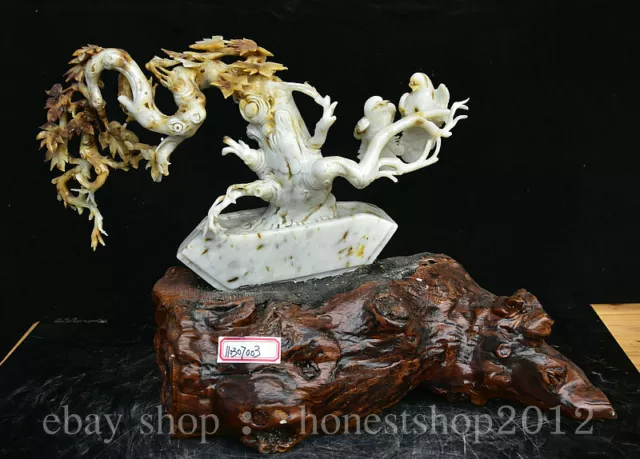 17.8"China natürliche Xiu Jade Hand Schnitzen Feng Shui Blume Vogel Basis Statue