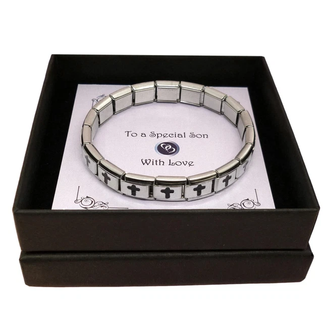Bracelet Garçon Croix Breloque Acier Inoxydable - Cadeau Communion Baptême Neuf