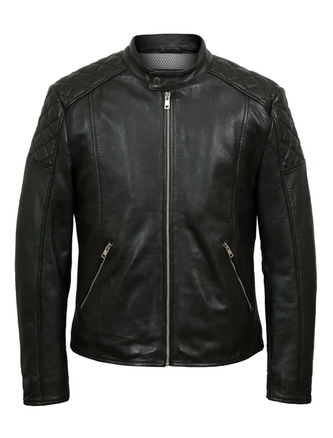 Men's Real Leather Bikers Jacket Quilted Panels Biker Jacket Leather Jacket