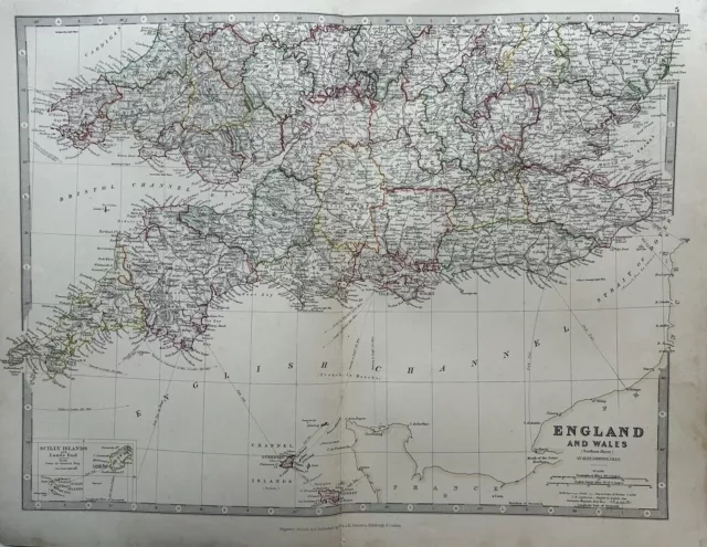 1884 South England & Wales Hand Coloured Original Antique Map by Johnston