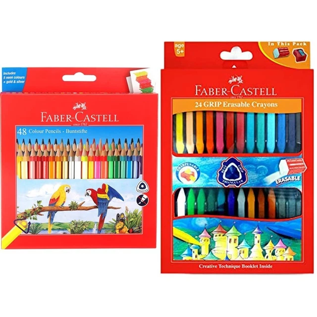 FABERCASTELL 48 TRIANGULAR Colour Pencils & Grip Erasable Crayon Set