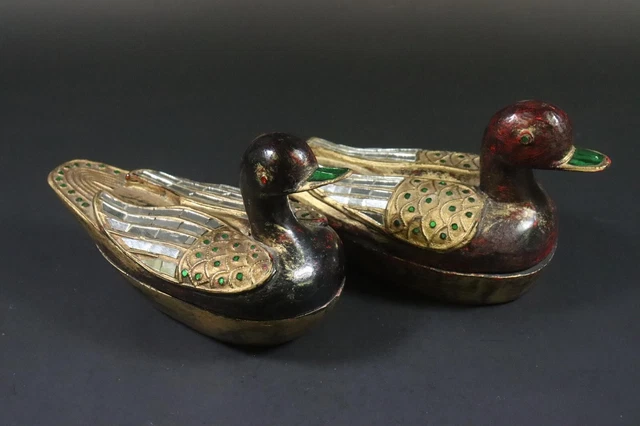 Paar Vintage Deckeldose Enten Holz vergoldet Thailand (EV692)
