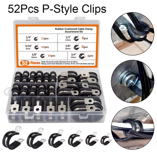 52Pcs/set Rubber Lined P Clips Cable Hose Pipe Clamps Holder Air Clip Clamp AU