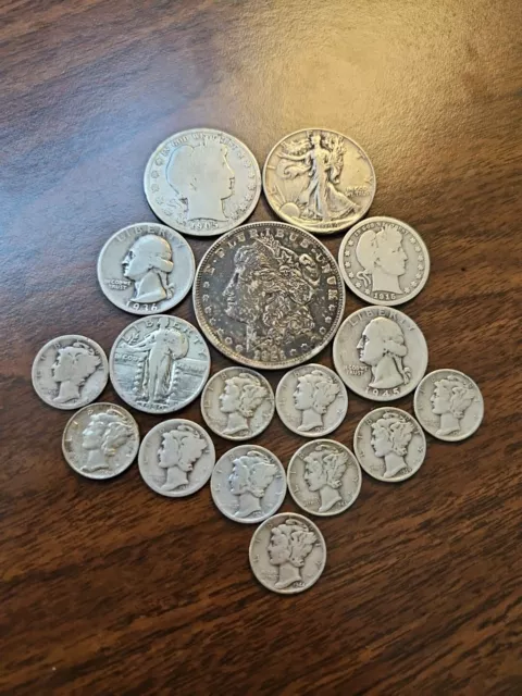4 Dollar Face Value 90% Silver US Coins 1 Morgan 2 Halves 4 Quarters 10 Dimes
