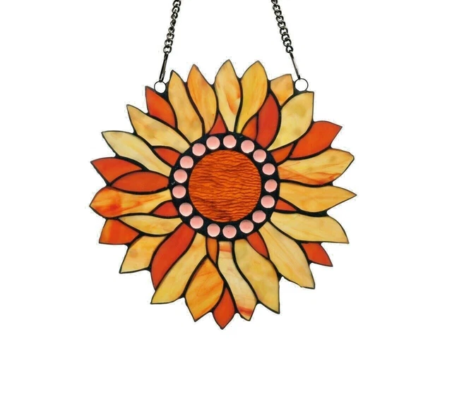 Stained Glass Window Panel 11" Round Floral Sundance Sunflower Tiffany Style