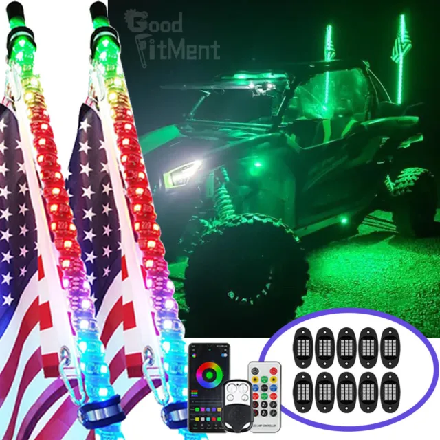 10-Pods RGB LED Rock Lights + 2X 3FT Lighted Spiral LED Whip Antenna Flag&Remote
