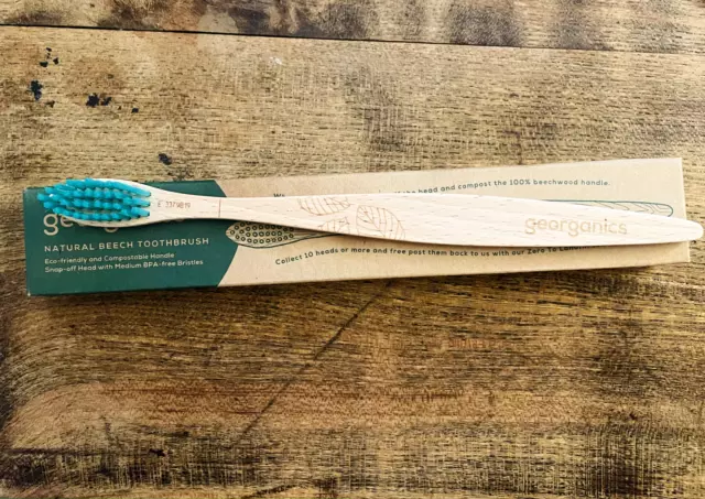 Georganics Natural Beech Toothbrush Medium Green eco friendly compostable wooden
