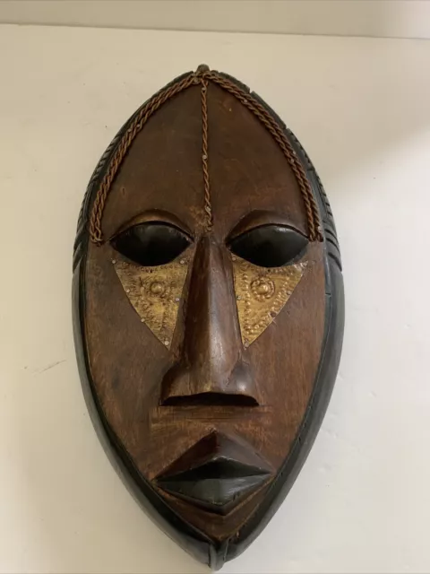 African Tribal wooden Large mask W/ Metal, Copper 14” Ghana hand carved W/ Tags