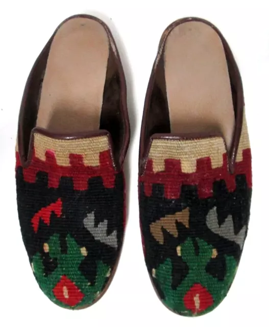 Kilim Art Tapestry Leather lined mules flats slides Southwest Women Size Sz 6