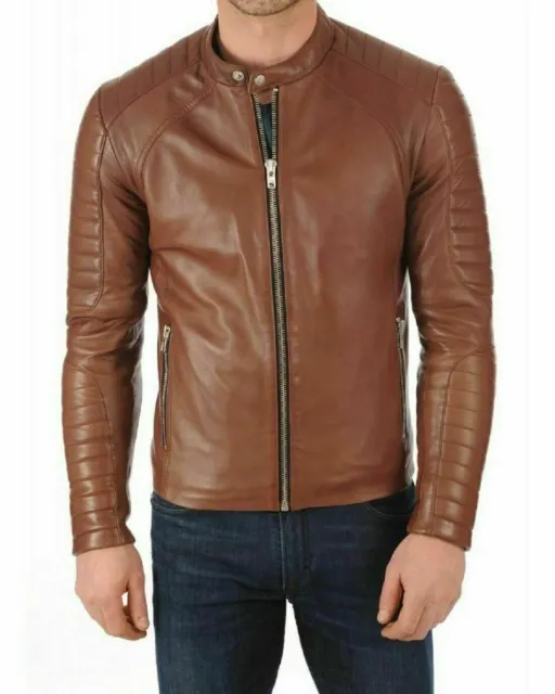 Men Genuine Lambskin Leather Quilted Design Premium Biker Brown Coat Jacket