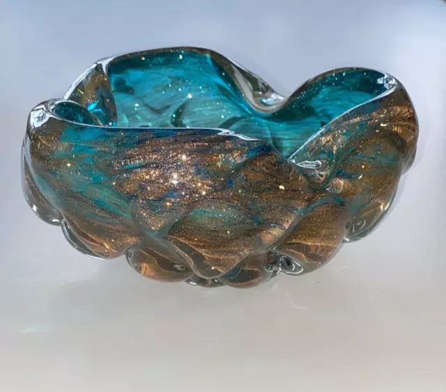 Vintage Murano Hand Blown Art Glass Cigar Ashtray Bowl Blue with Gold Flecks