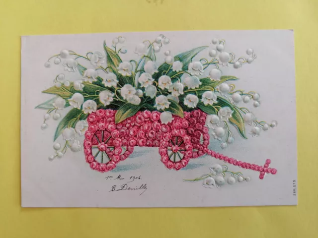CP Ancienne FANTAISIE Gaufrée FLEURS CHARIOT de MUGUET Lily of the valley cart