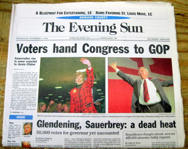 1994 newspaper REPUBLICAN PARTY landslide wins US CONGRESS Gingrich Revolution