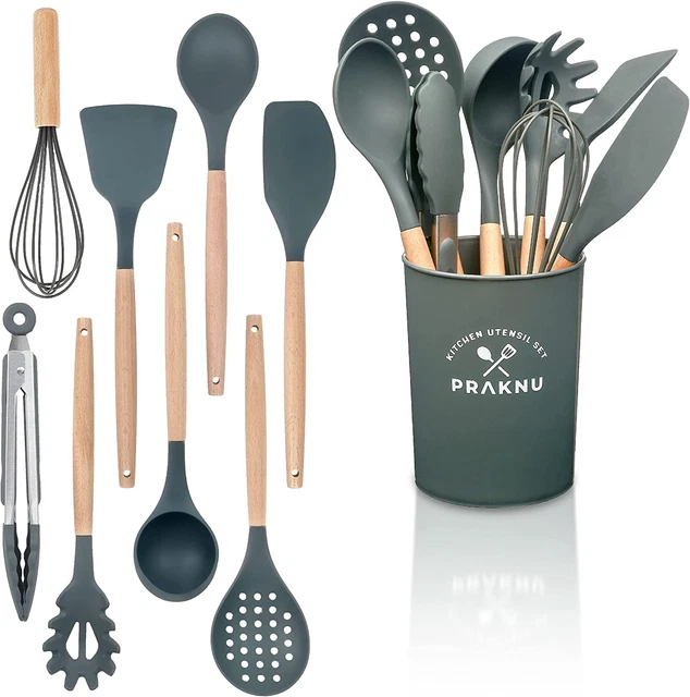 Set Di 8 Utensili Da Cucina in Silicone Manico in Legno Con Fori per Appendere