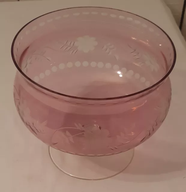 Glass Rose Pink Tinted Footed Round Display Dish Bowl, Cut Glass Flower Detail